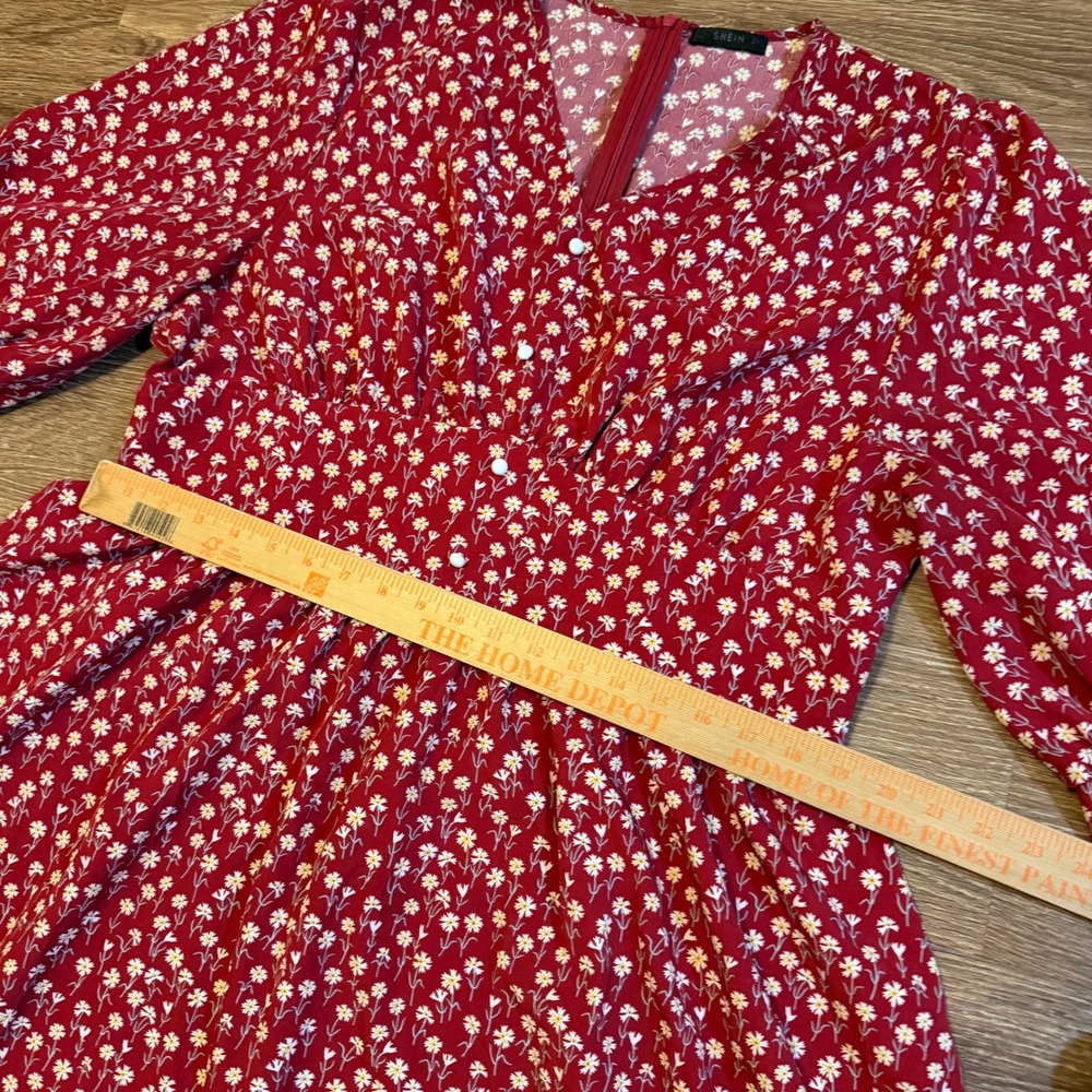 Shein Floral Midi Dress Womens 2XL Red Puff Sleeve V Neck Casual - Picture 8 of 13